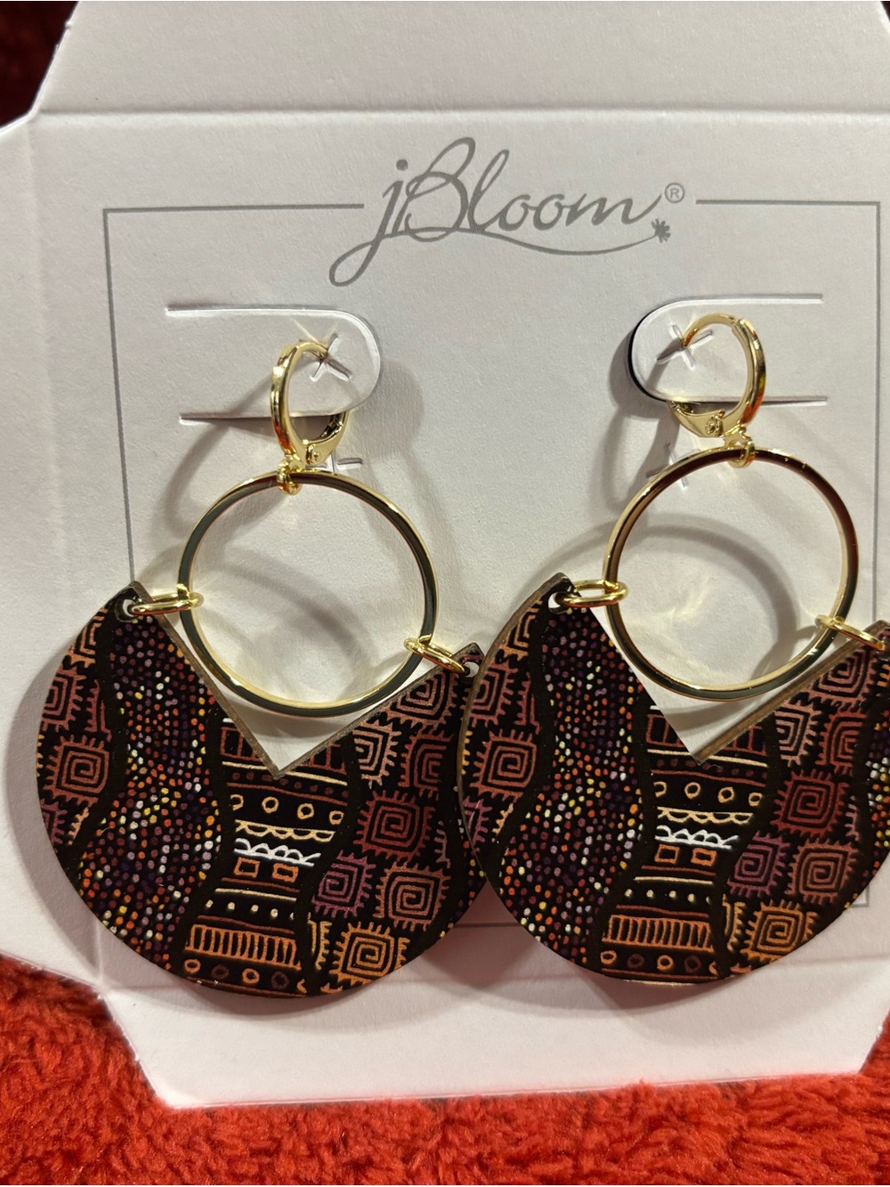 Retired J Bloom Gold Hoop and Brown Patterned Statement Earrings